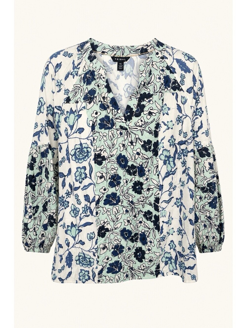 Tribal Womens Blouse Sz L Blue White Floral Long Sleeve V-Neck Boho Peasant Top
